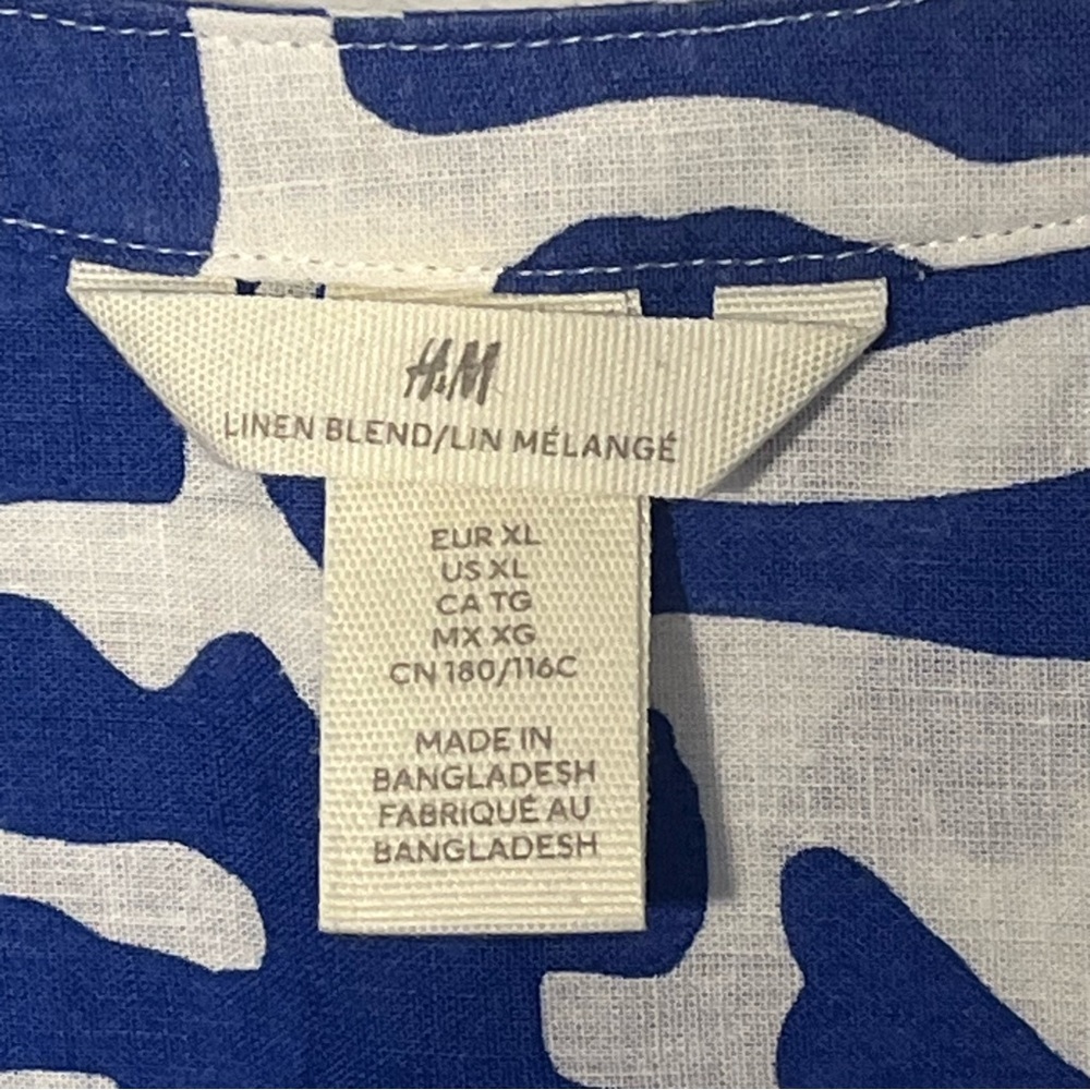 Linen blend coastal drawstring waist mini dress exaggerated sleeve blue white XL - Picture 5 of 7